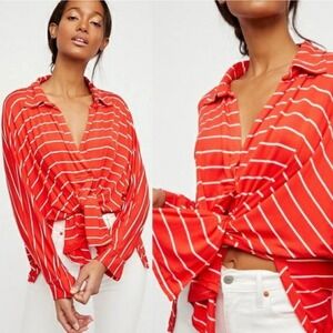We The Free Can't Fool Me Striped Tee Size Small‎ Red Oversized Slouchy Boho